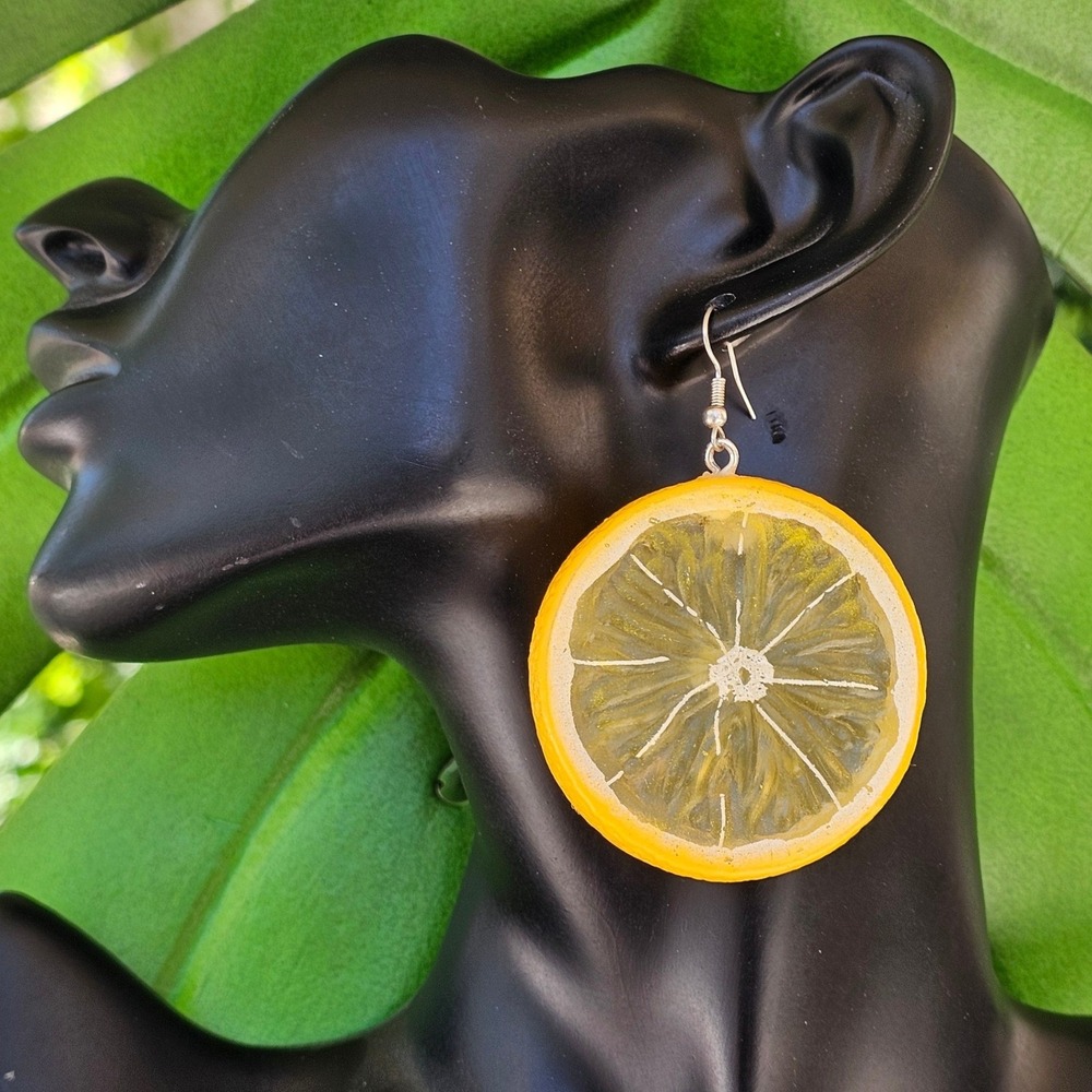 Lemon Slice Dangle Earrings Funky Fruit Statement Summer Citrus Tiki Pinup